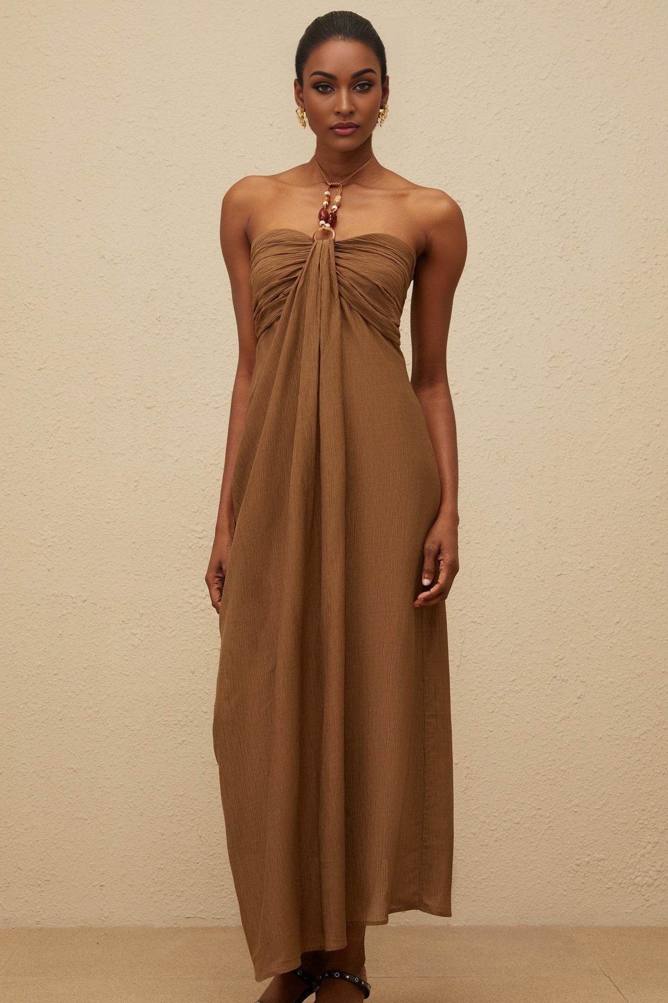Brown Halterneck Maxi Dress with Beaded Straps and Ruched Detailing