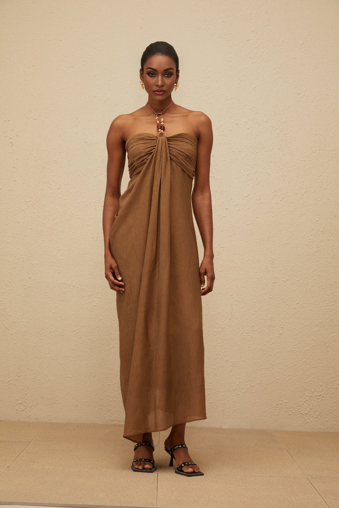 Brown Halterneck Maxi Dress with Beaded Straps and Ruched Detailing