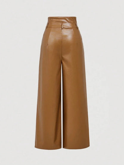 Brown High Waist Double Waistband PU Leather Wide Leg Pants