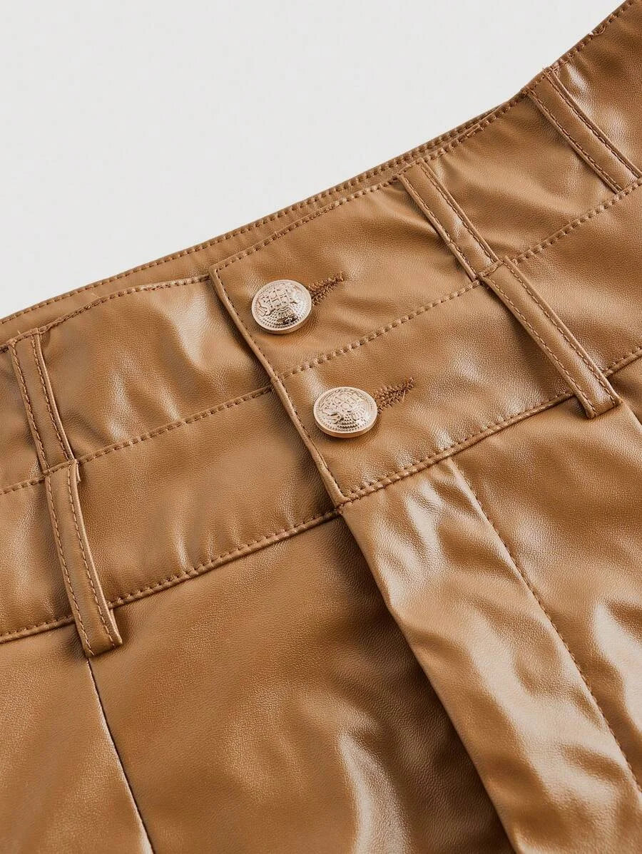 Brown High Waist Double Waistband PU Leather Wide Leg Pants