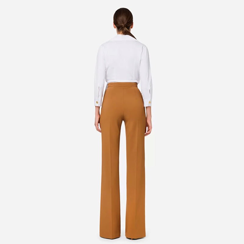 Brown high-waisted flared-leg pants with gold-tone chain embellishment