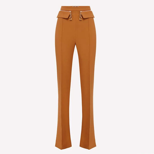 Brown high-waisted flared-leg pants with gold-tone chain embellishment