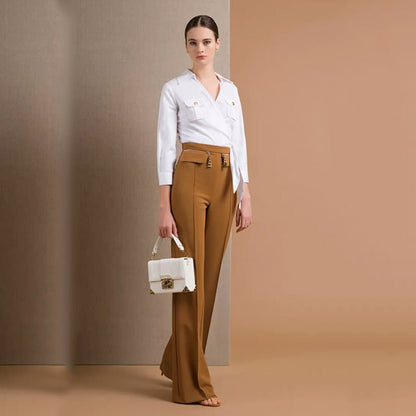 Brown high-waisted flared-leg pants with gold-tone chain embellishment