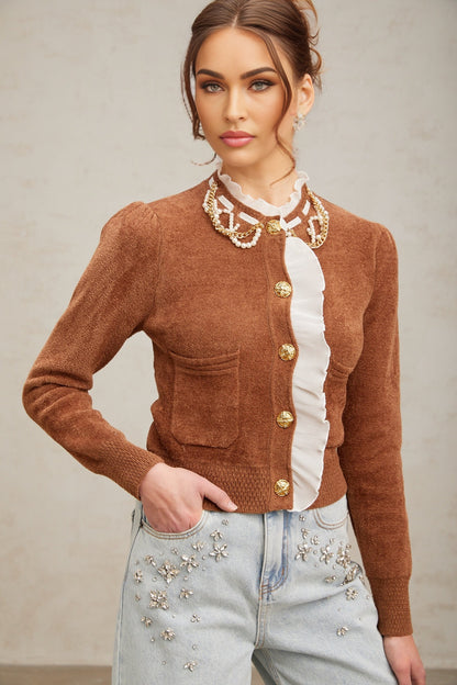 Brown knit cardigan with embellishments and ruffles