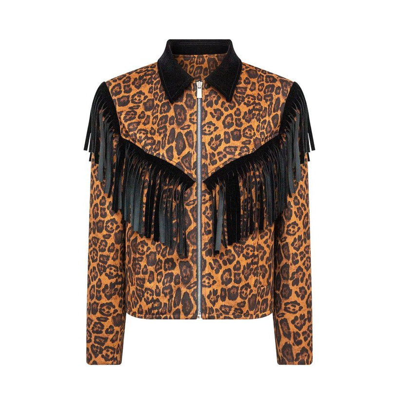 Women's Brown Leopard Print Fringe Coat with Faux Suede Trim