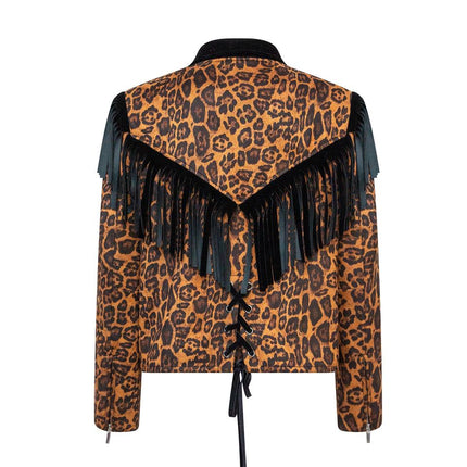 Brown leopard print fringe faux suede trim Western coat for women