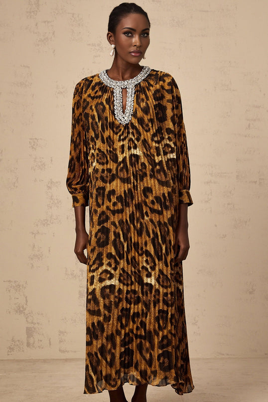 Brown leopard print midi dress with embellishments named Anais