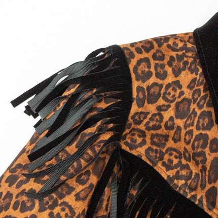 Brown women's luxury coat with faux suede trim and leopard print fringe