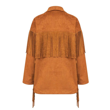 Mary wearing Brown Luxury Vintage Suede Fringe Bomber Jacket for women
