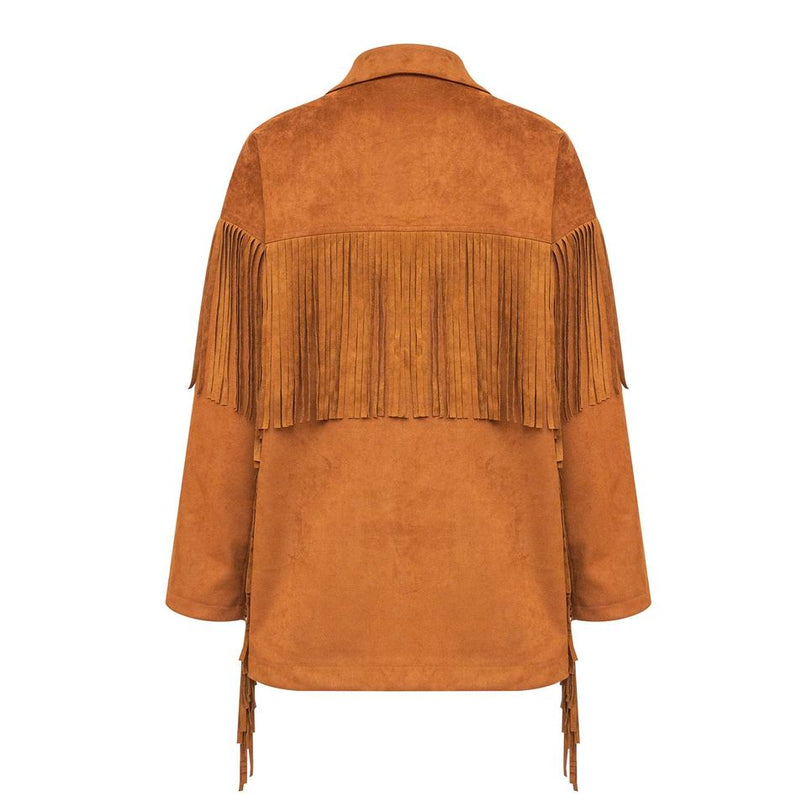 Mary wearing Brown Luxury Vintage Suede Fringe Bomber Jacket for women