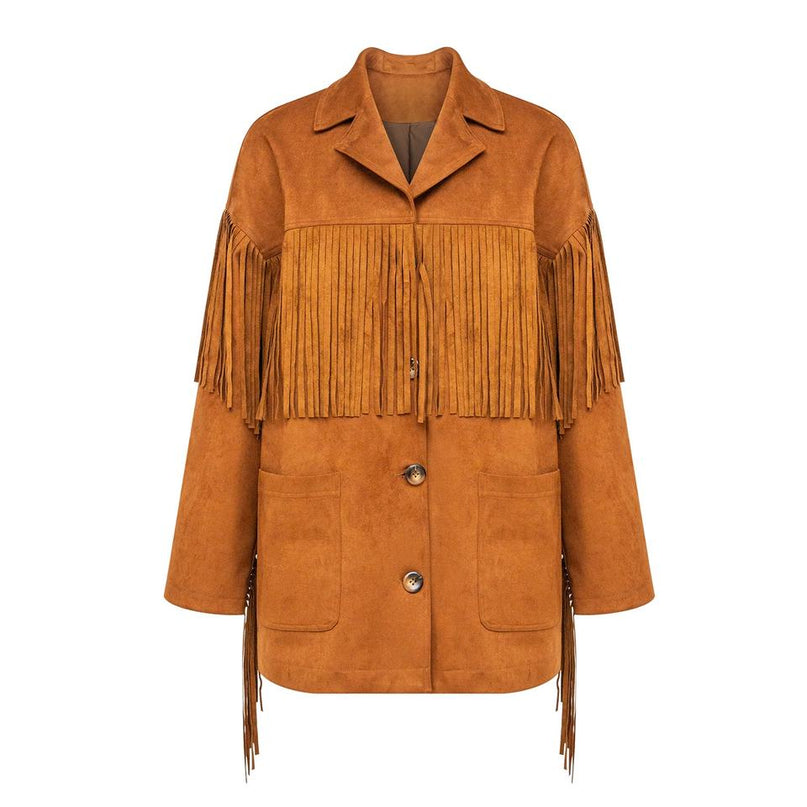 Sarah wearing Brown Luxury Vintage Suede Fringe Bomber Jacket for women