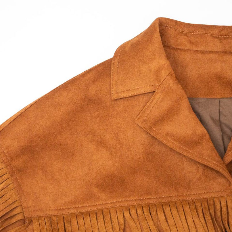 Samantha wearing Brown Luxury Vintage Suede Fringe Bomber Jacket