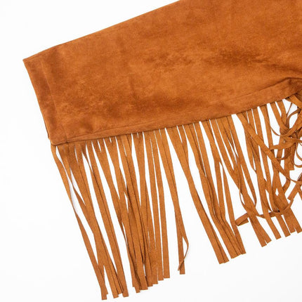 Jane wearing Brown Luxury Vintage Suede Fringe Bomber Jacket for women