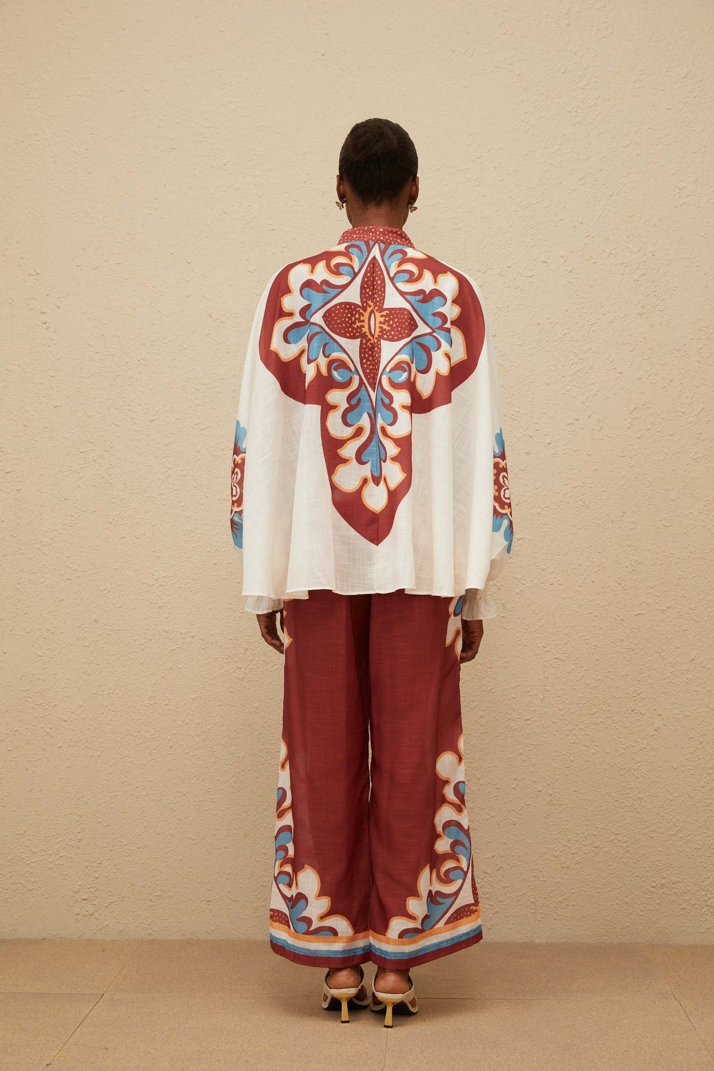 Brown and Multicolor Hemp Blouse with Bow-tied Neck and Graphic Print