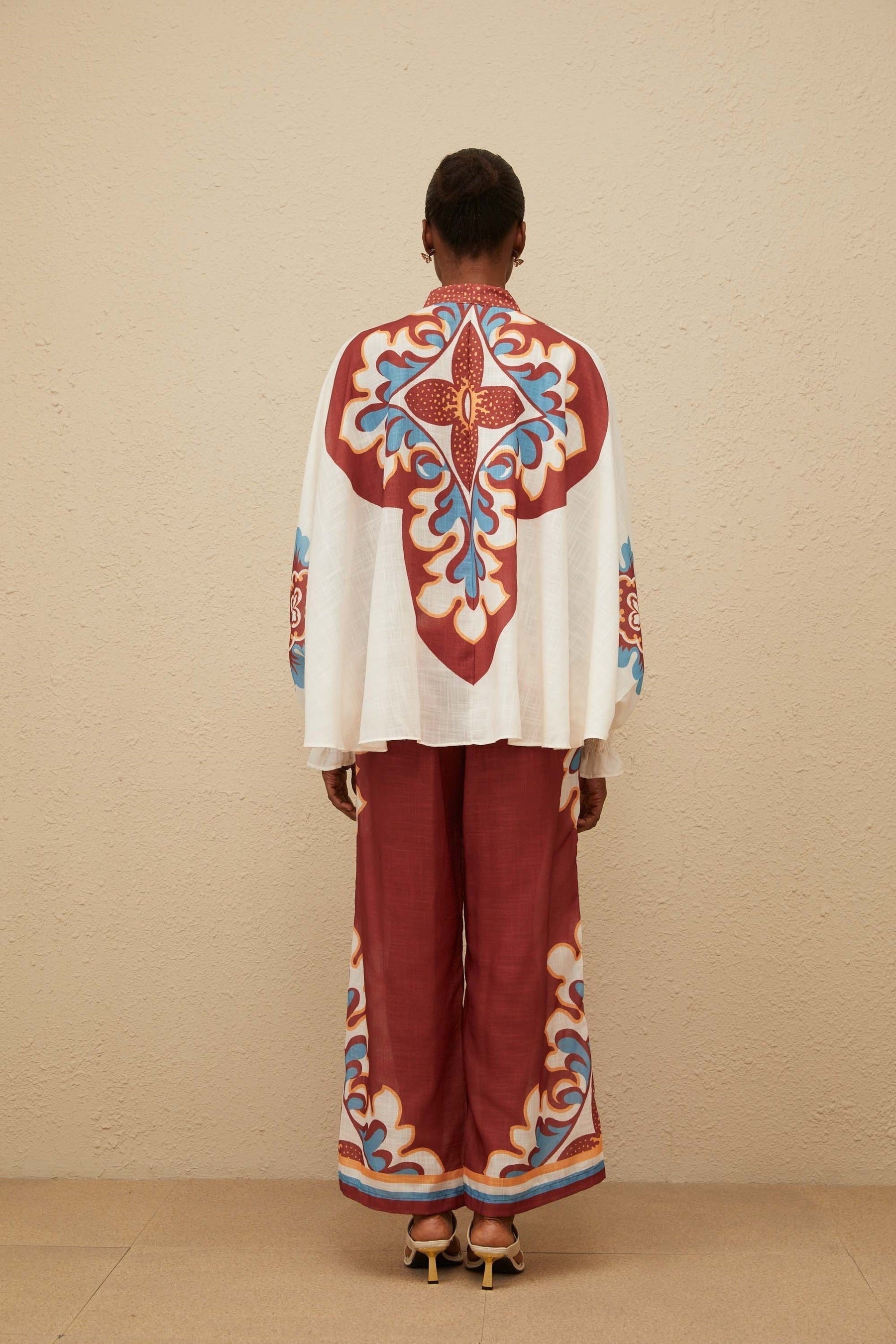 Brown and Multicolor Hemp Blouse with Bow-tied Neck and Graphic Print