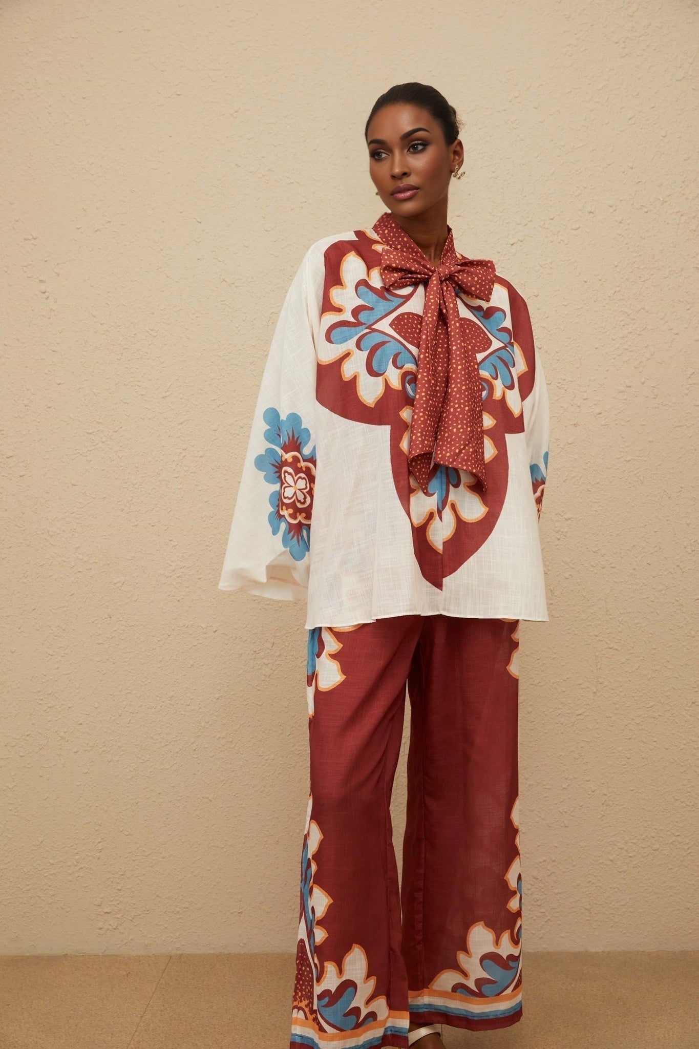 Brown and Multicolor Hemp Blouse with Bow-tied Neck and Graphic Print