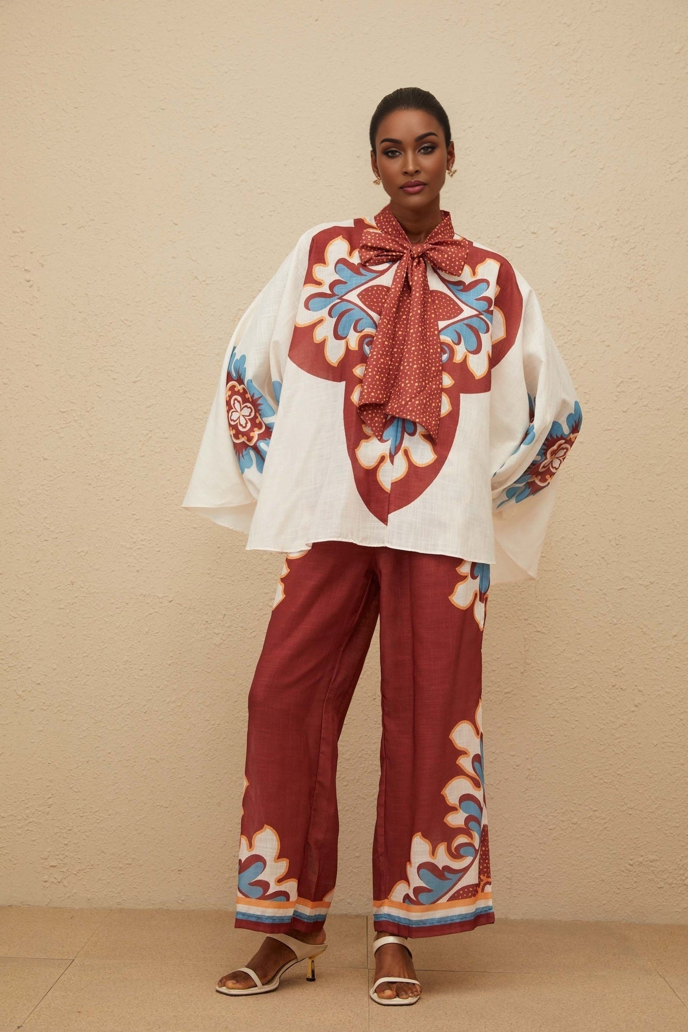 Brown and Multicolor Hemp Blouse with Bow-tied Neck and Graphic Print