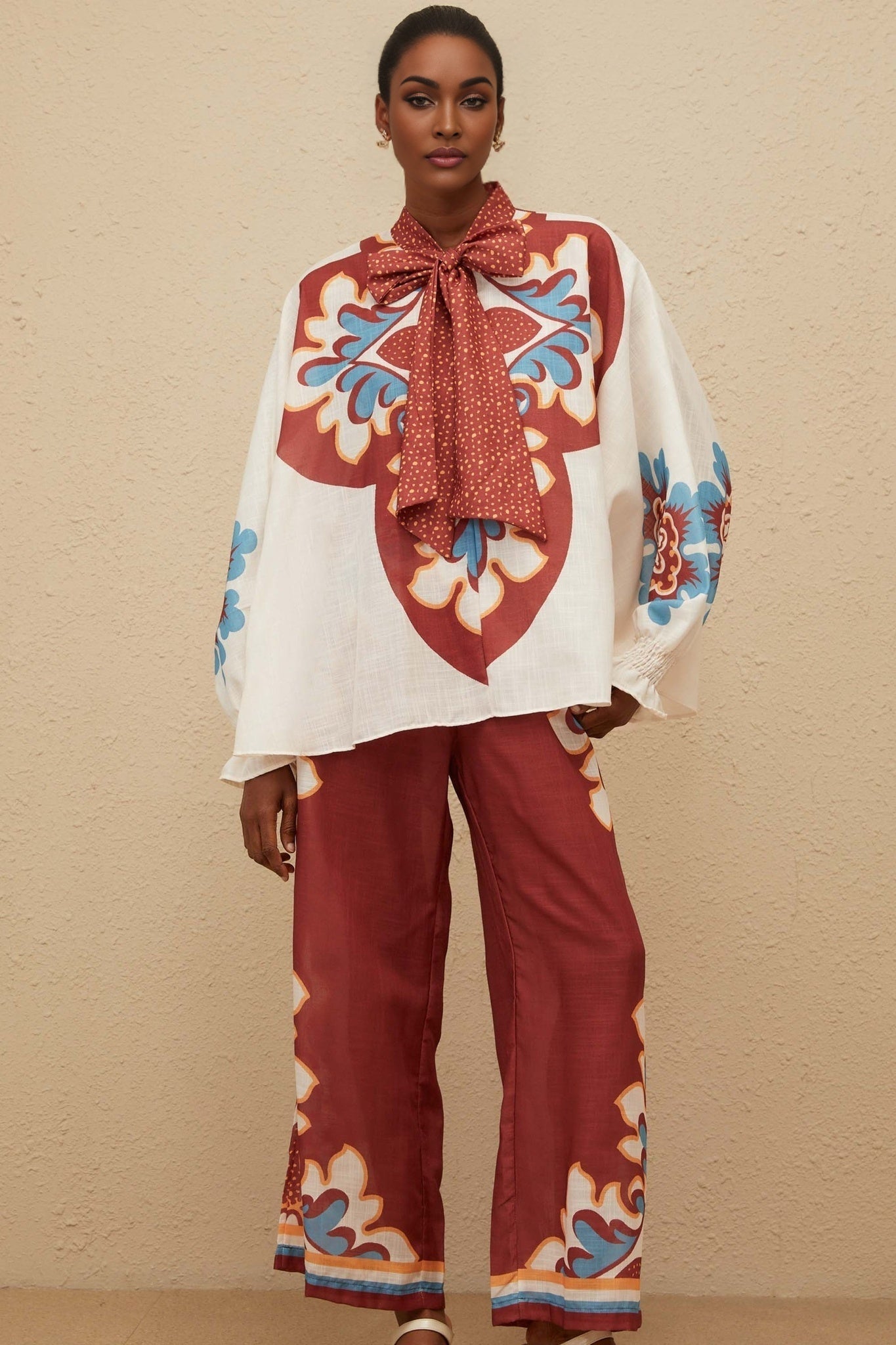 Brown and Multicolor Hemp Blouse and Trousers with Graphic Print