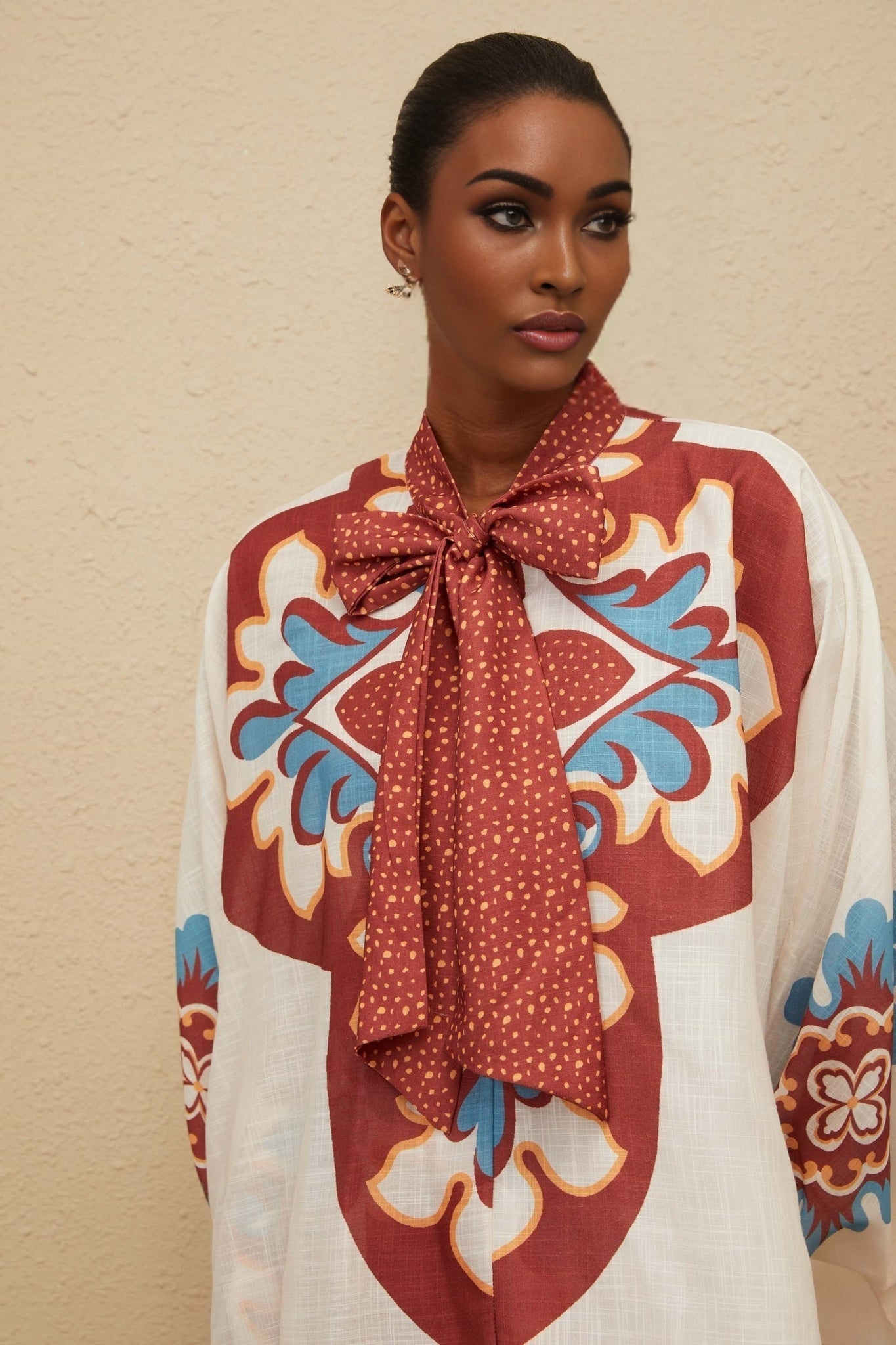 Brown and Multicolor Hemp Blouse with Bow-tied Neck and Graphic Print