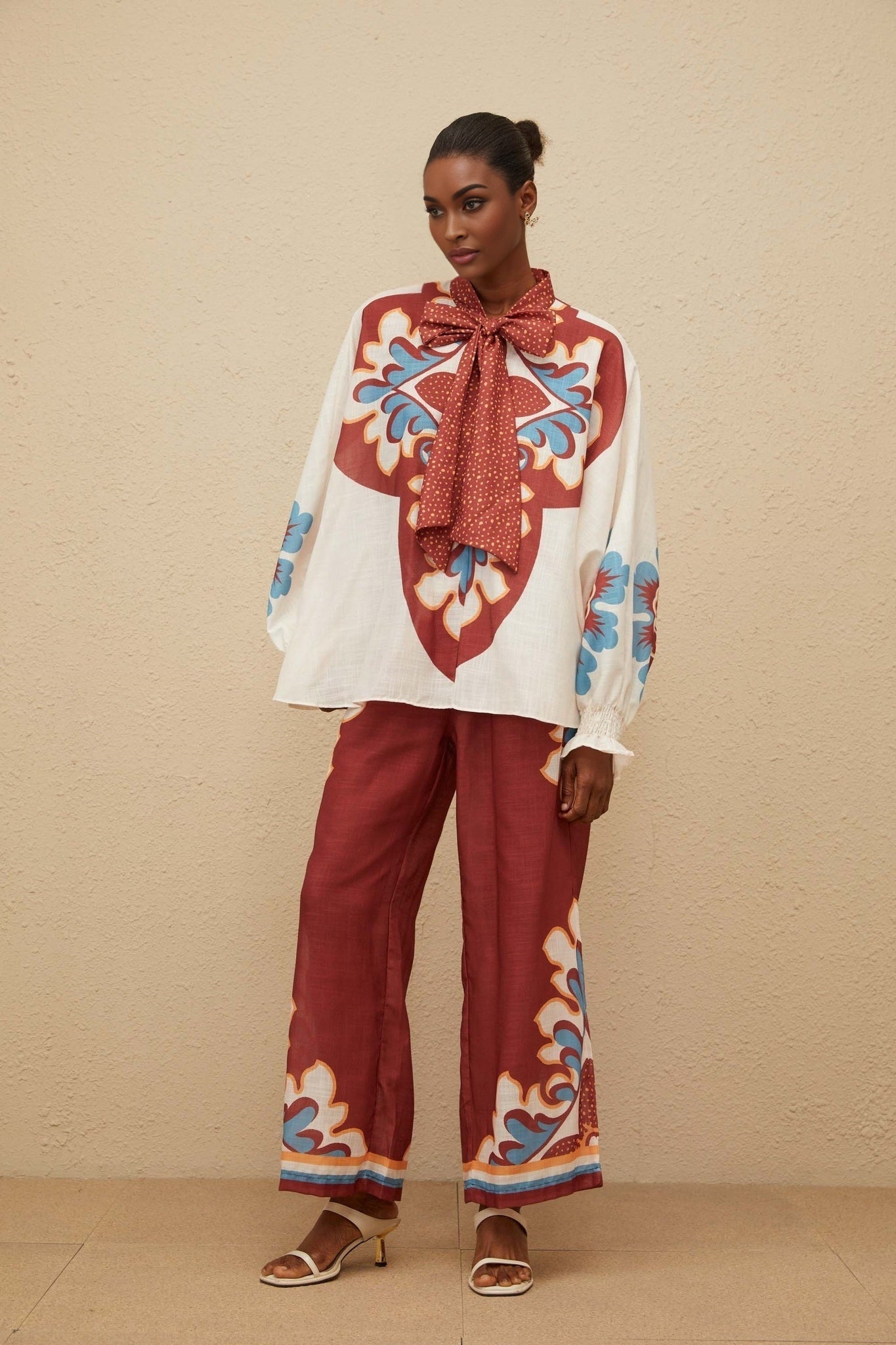 Brown and Multicolor Hemp Blouse with Bow-Tied Neck and Graphic Print