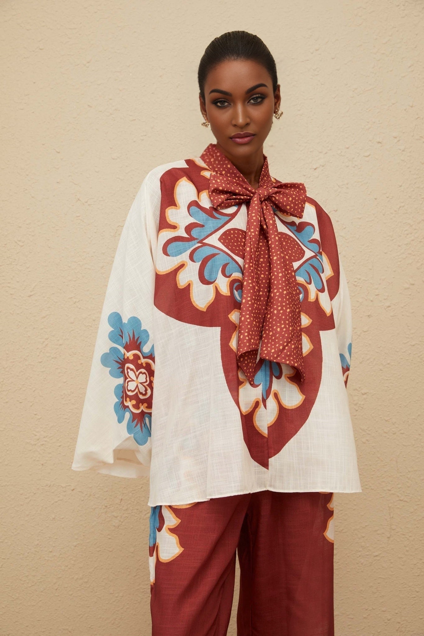 Brown and Multicolor Hemp Blouse with Bow-Tied Neck and Graphic Print