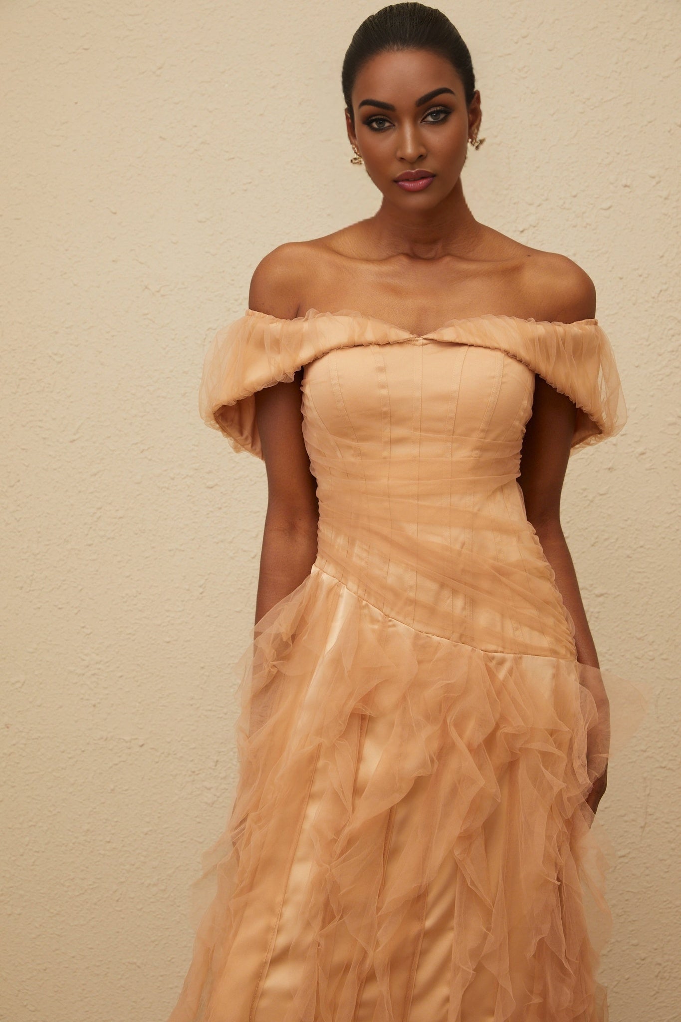 Brown off the shoulder strapless maxi dress with built-in cups bra and ruffled detailing