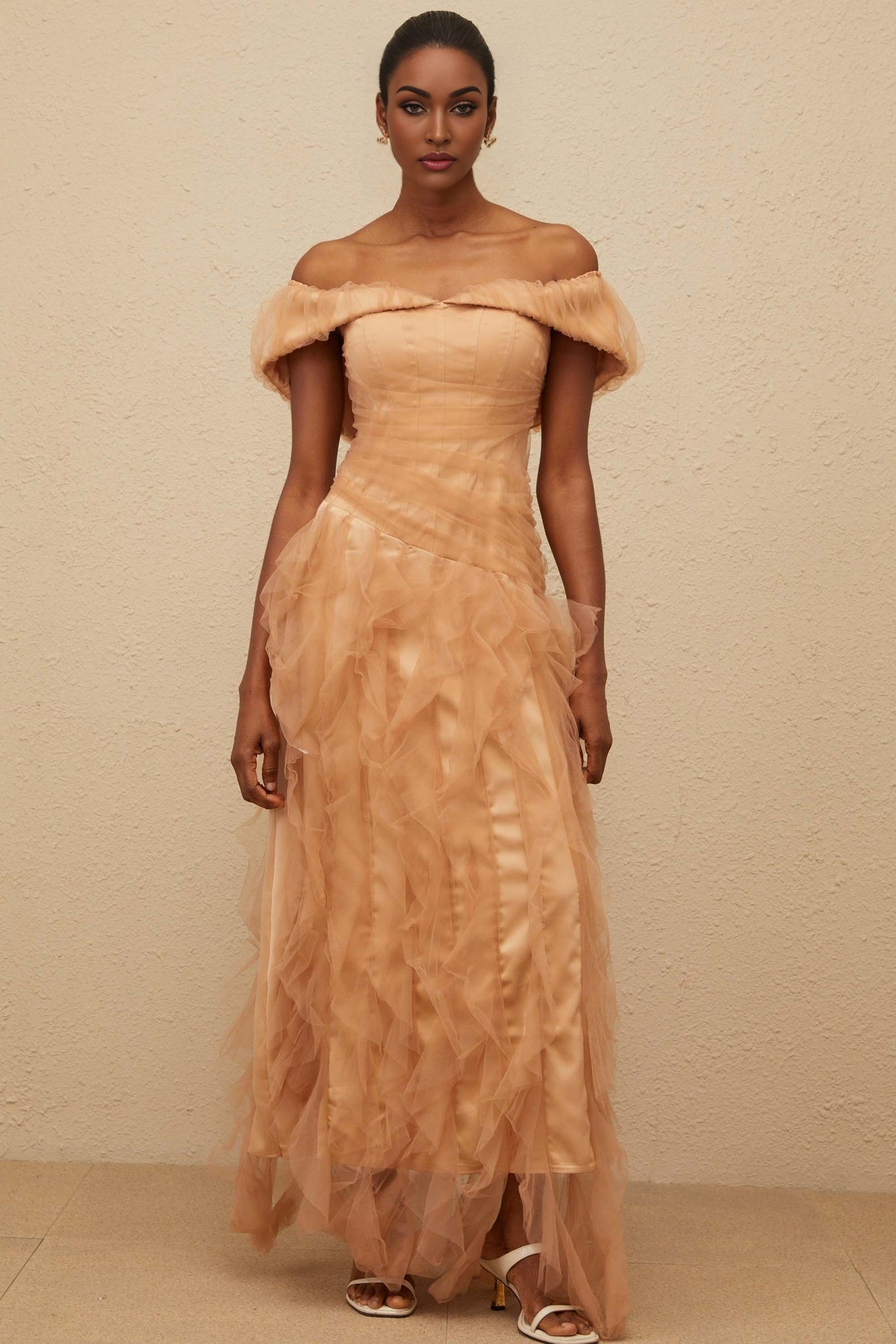 Brown Off the Shoulder Strapless Maxi Dress with Ruffled Detailing
