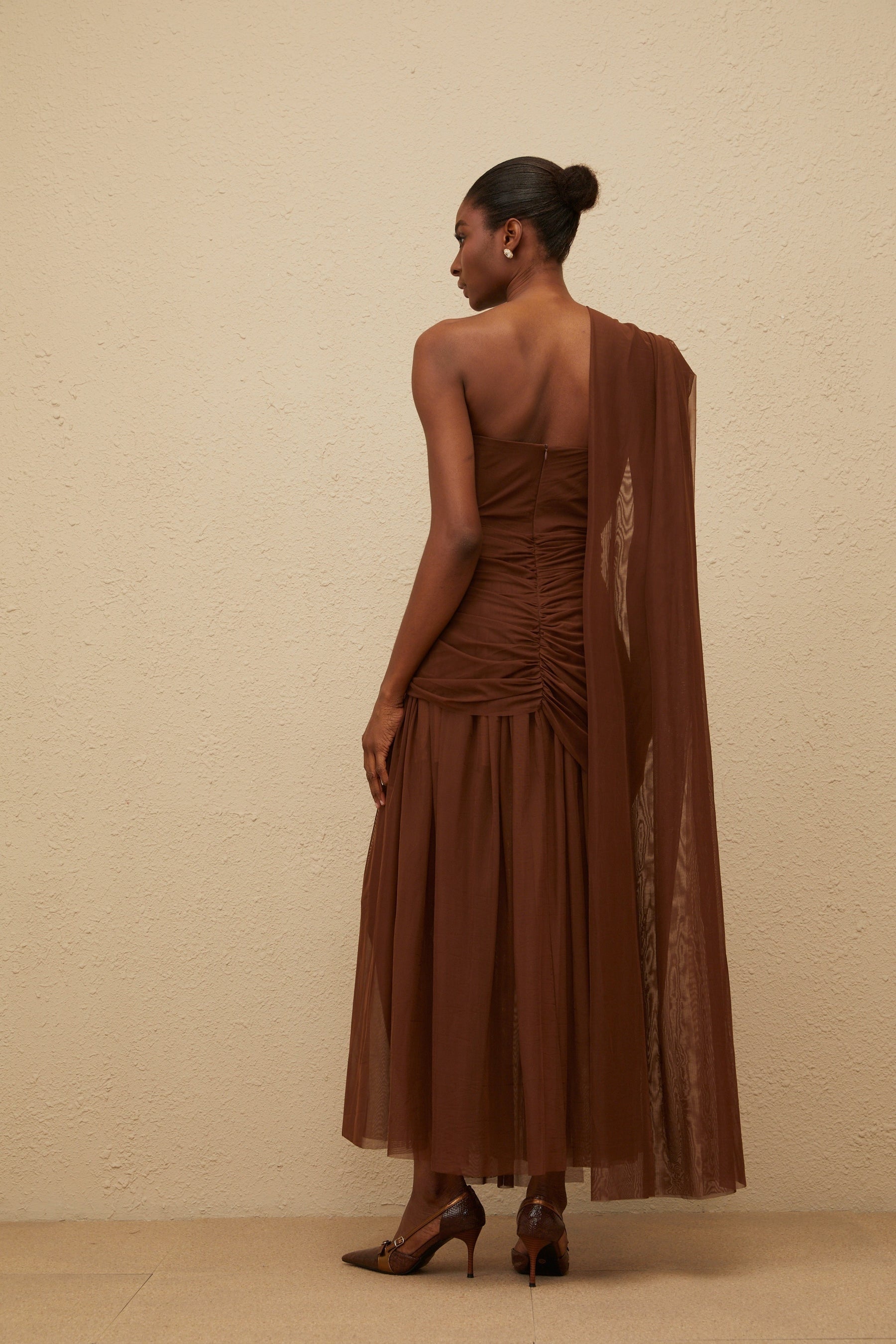 Brown one shoulder maxi dress with built-in cups bra and tulle ruched detailing