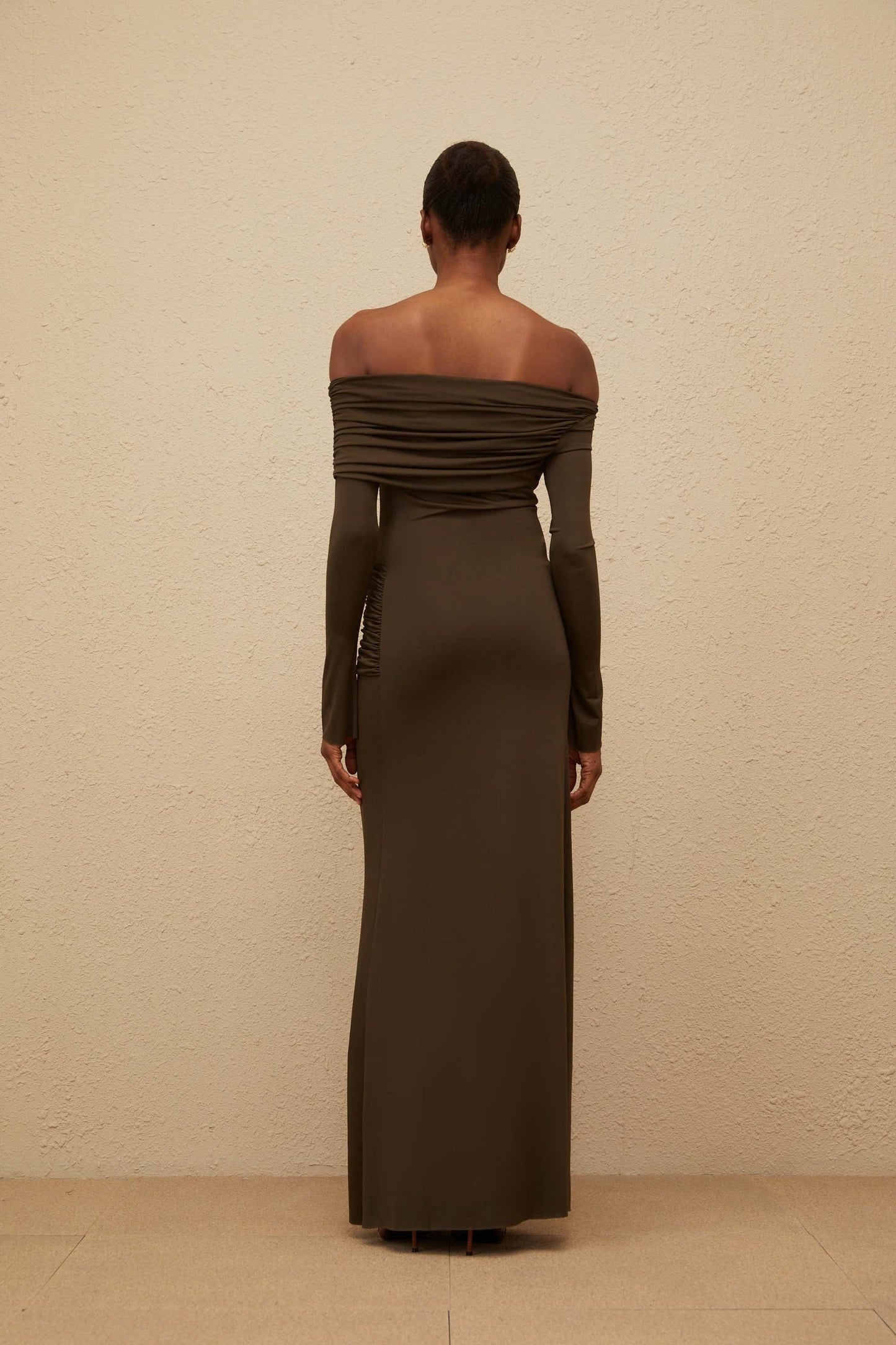 Brown One Shoulder Maxi Dress Olive Green Long Sleeve Ruched Detailing
