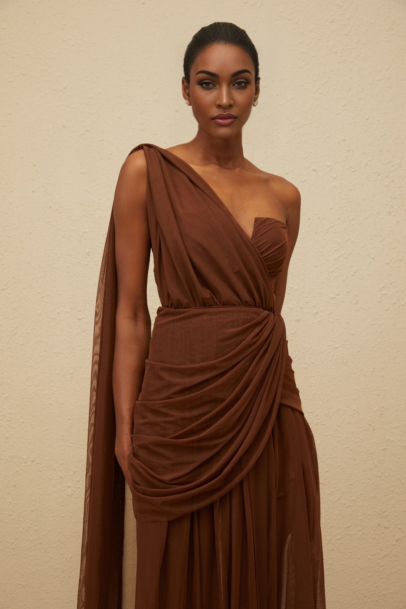 Brown one shoulder maxi dress with built-in cups and ruched detailing