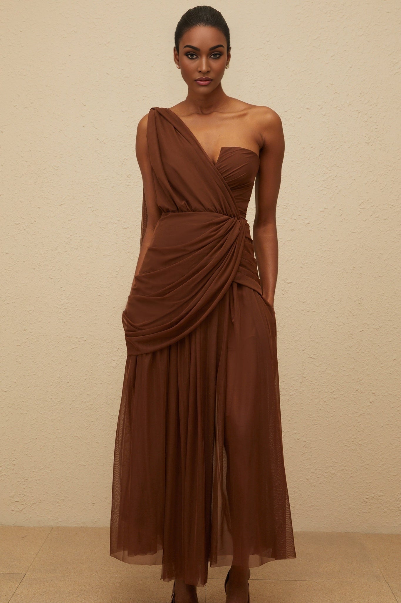 Brown one shoulder maxi dress with built-in cups bra and ruched detailing