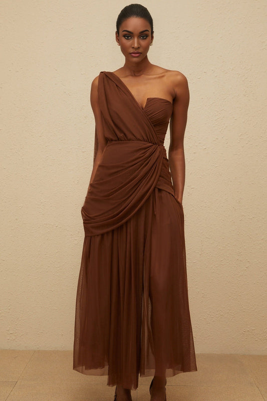 Brown one shoulder maxi dress with built-in cups bra and ruched detailing