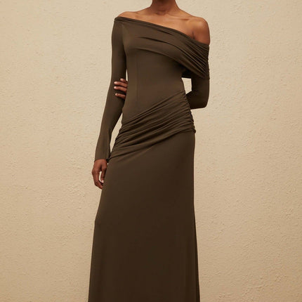 Brown one shoulder ruched maxi dress in olive green with long sleeves and fitted waistline