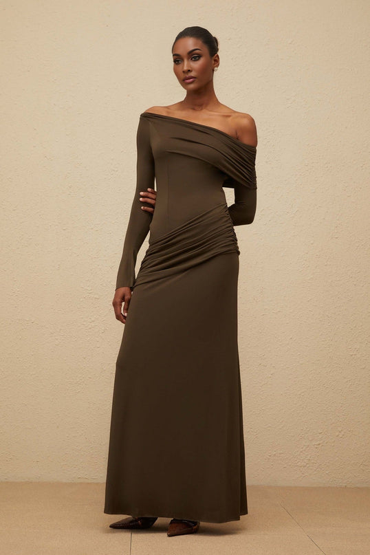 Brown one shoulder ruched maxi dress in olive green with long sleeves and fitted waistline