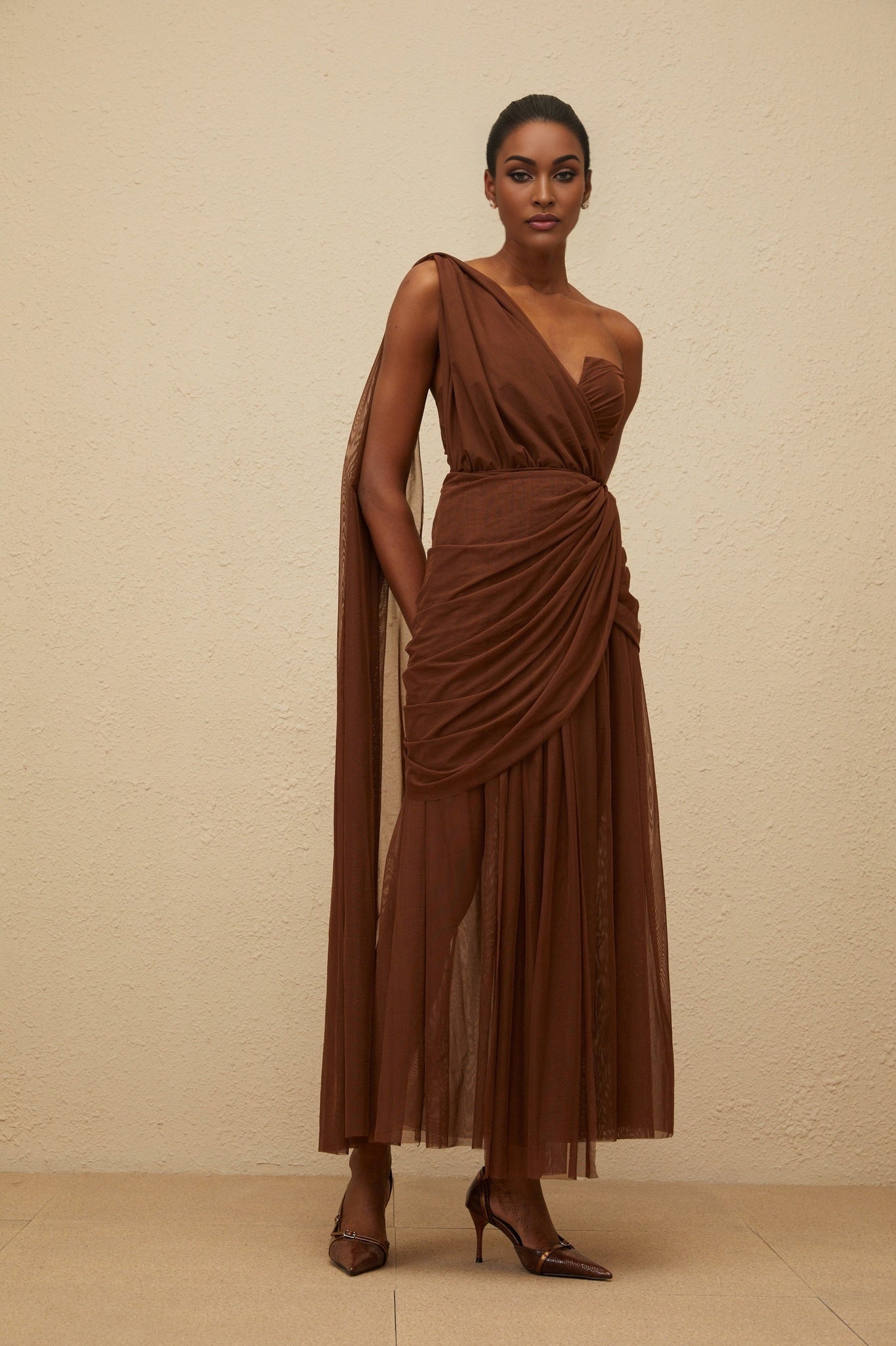 Brown One Shoulder Sleeveless Maxi Dress with Ruched Detailing