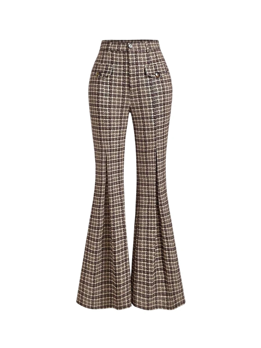 Brown Plaid Patch Pocket Flare Flare Leg PantsFallWinter Women PantsWomen Vintage ClothesBack To