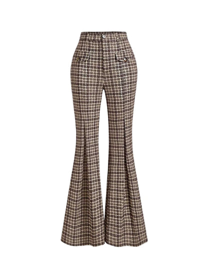 Brown Plaid Patch Pocket Flare Flare Leg PantsFallWinter Women PantsWomen Vintage ClothesBack To