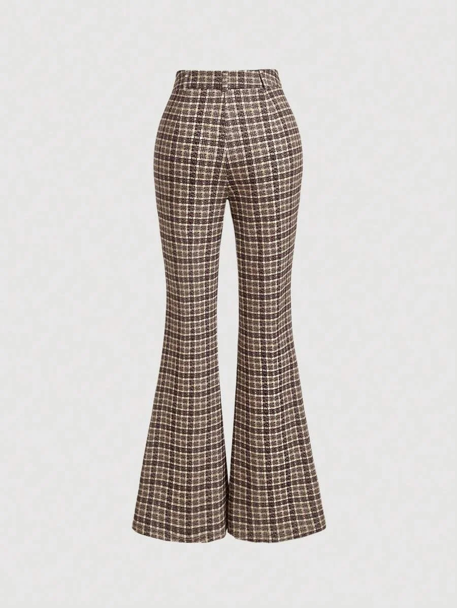 Brown Plaid Patch Pocket Flare Flare Leg PantsFallWinter Women PantsWomen Vintage ClothesBack To