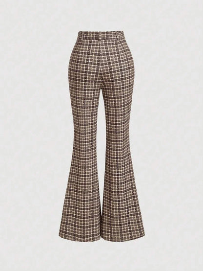 Brown Plaid Patch Pocket Flare Flare Leg PantsFallWinter Women PantsWomen Vintage ClothesBack To
