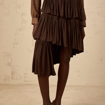 Emma wearing Brown Pleated Tiered Mini Skirt