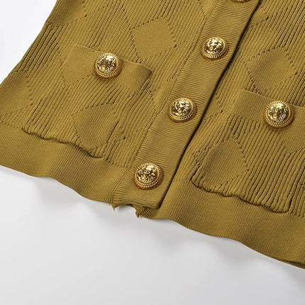 Brown ribbed diamond pattern cardigan with gold button embellishments