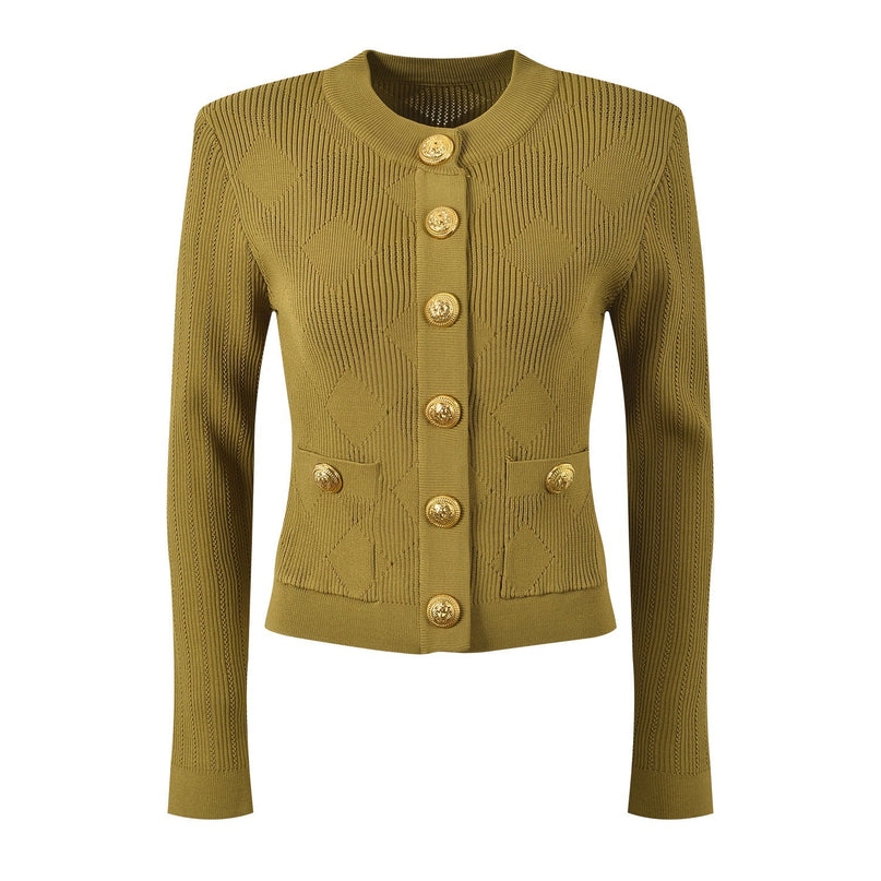 Brown ribbed diamond pattern cardigan with gold button embellishments