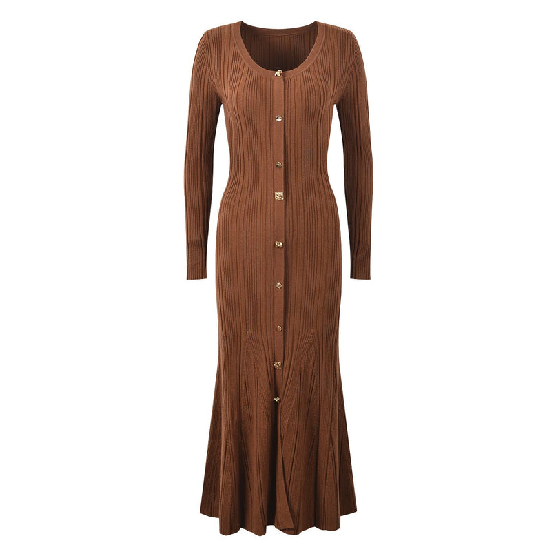 Brown ribbed knit button-down cardigan with gold-tone buttons