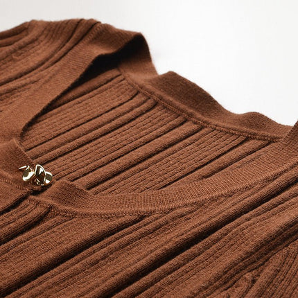 Brown Ribbed Knit Button-Down Cardigan with Gold Buttons