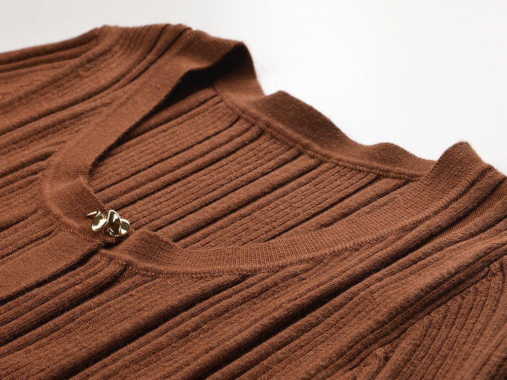 Brown Ribbed Knit Button-Down Cardigan with Gold Buttons