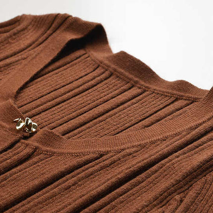 Brown Ribbed Knit Button-Down Cardigan