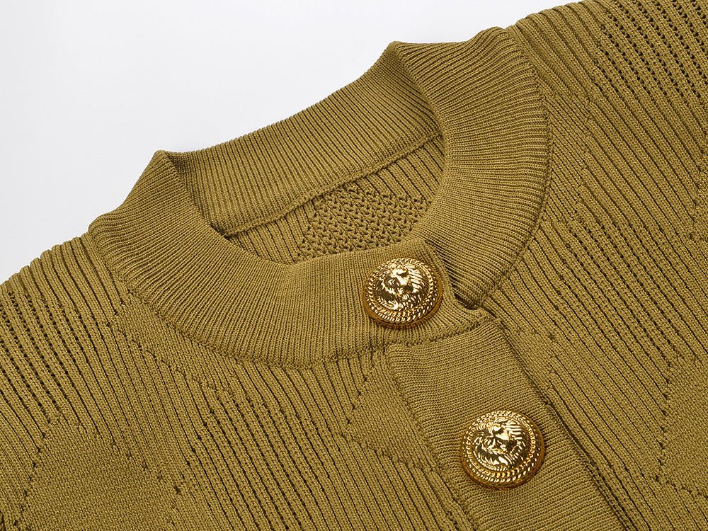 Brown ribbed knit cardigan with diamond pattern and gold button embellishments