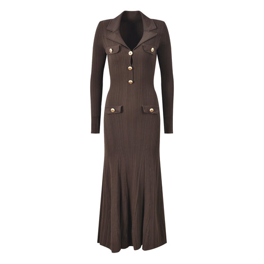 Brown ribbed knit maxi dress with gold buttons