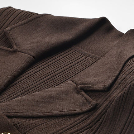 Brown ribbed knit maxi dress with gold buttons