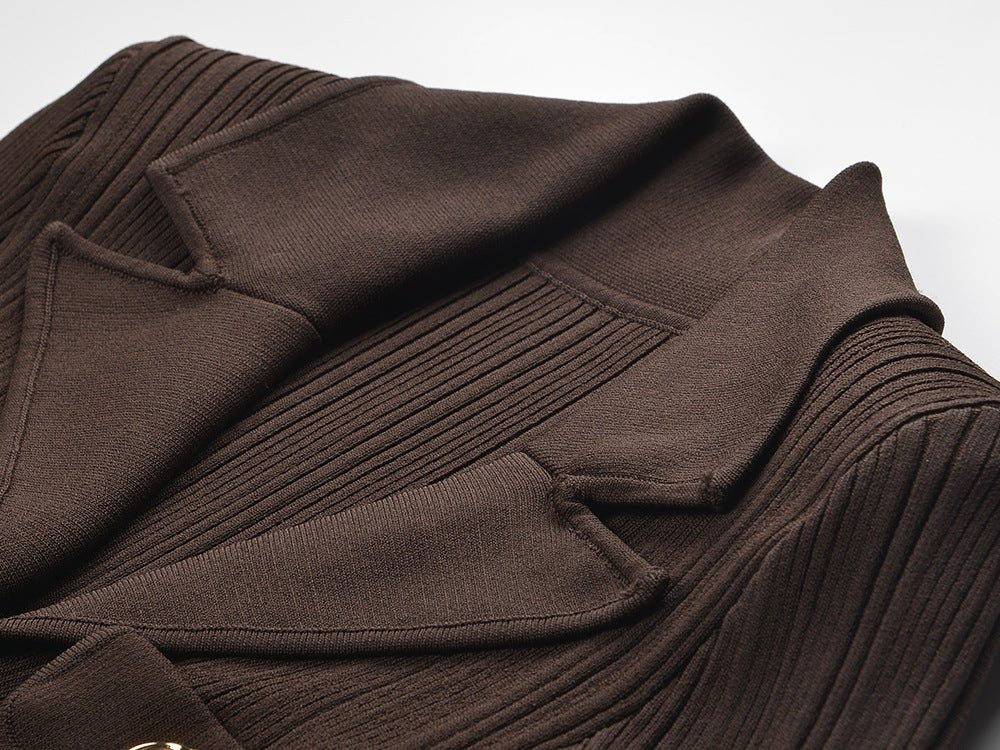 Brown ribbed knit maxi dress with gold buttons